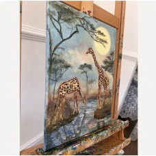 "Giraffes at the Waterhole" is an atmospheric oil painting by Ukrainian artist Marina Stognieva
